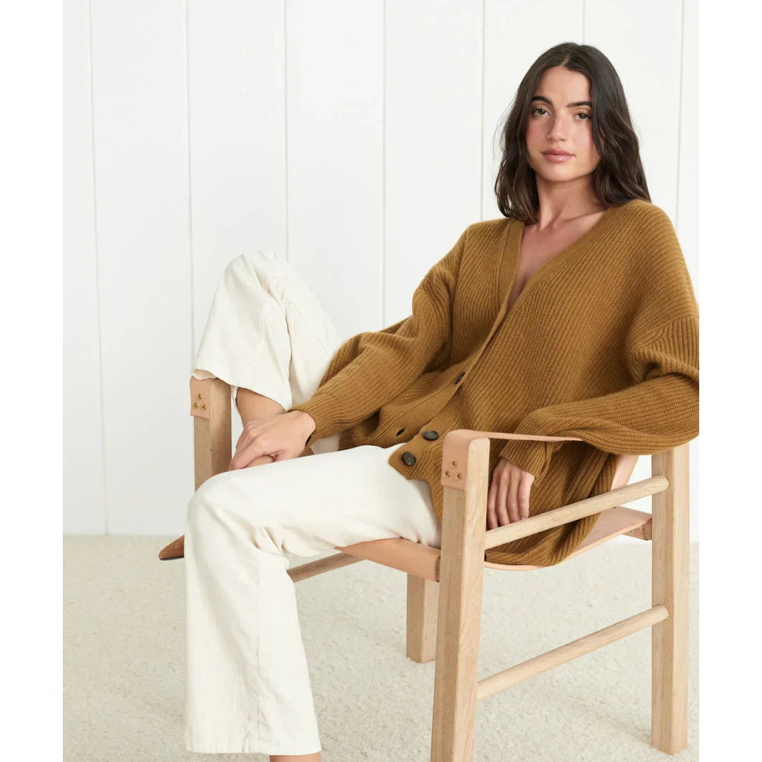 Damen Strickjacke lang für Winter mit V-Ausschnitt und gestreiften Ärmeln