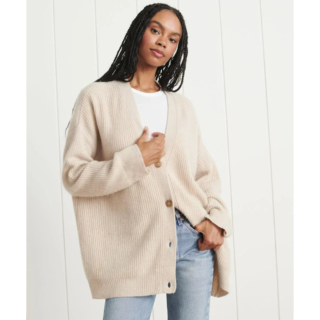 Damen Strickjacke lang für Winter mit V-Ausschnitt und gestreiften Ärmeln