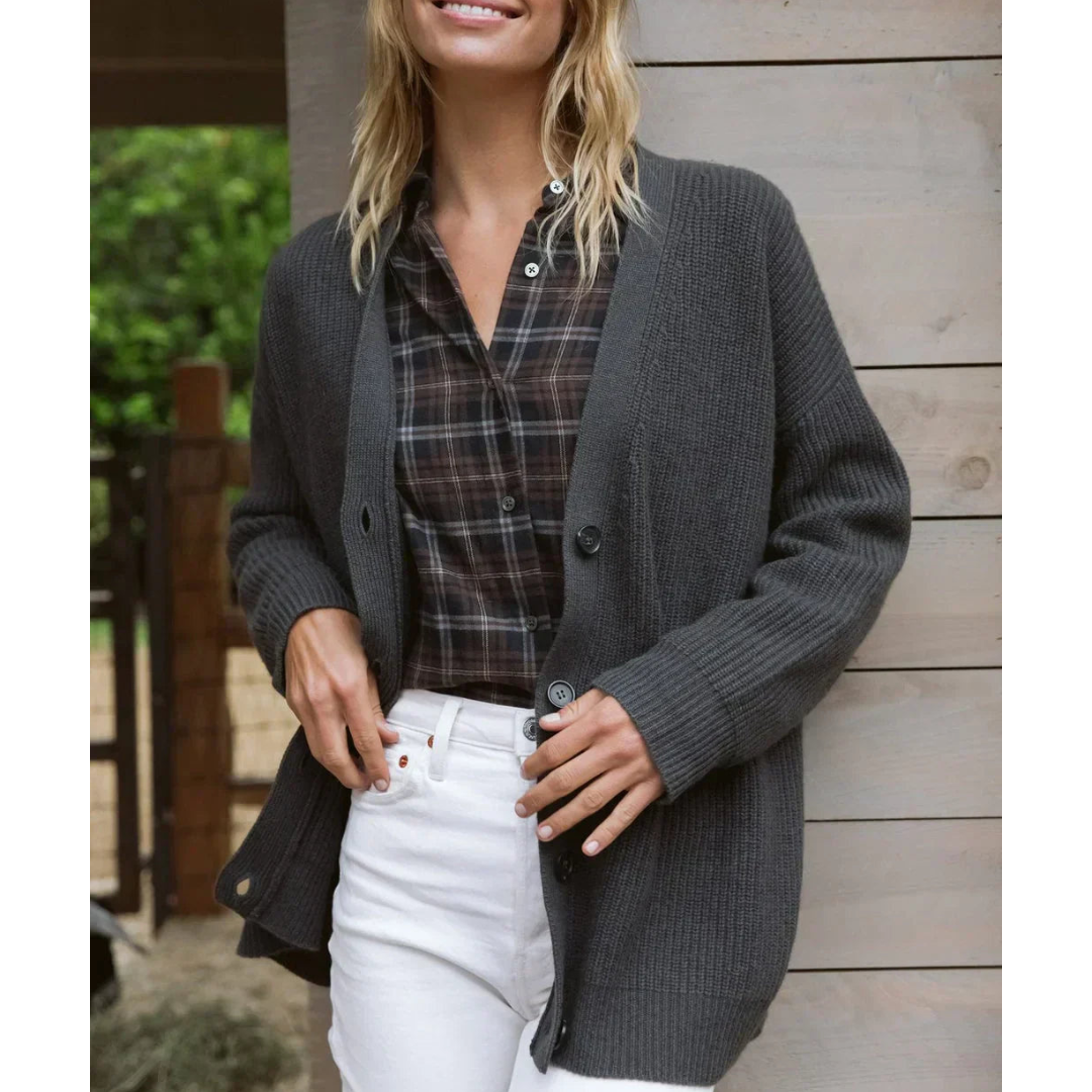 Damen Strickjacke lang für Winter mit V-Ausschnitt und gestreiften Ärmeln