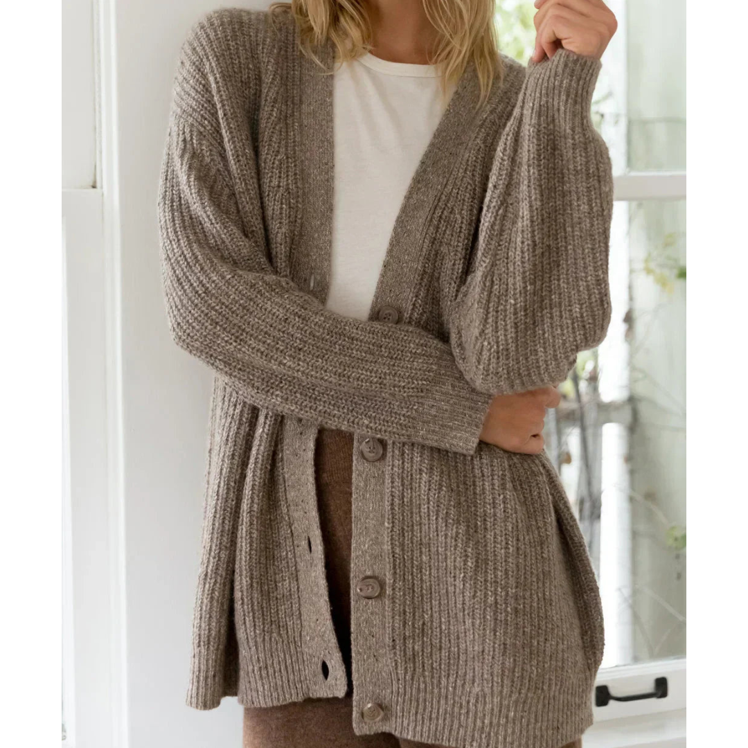 Damen Strickjacke lang für Winter mit V-Ausschnitt und gestreiften Ärmeln