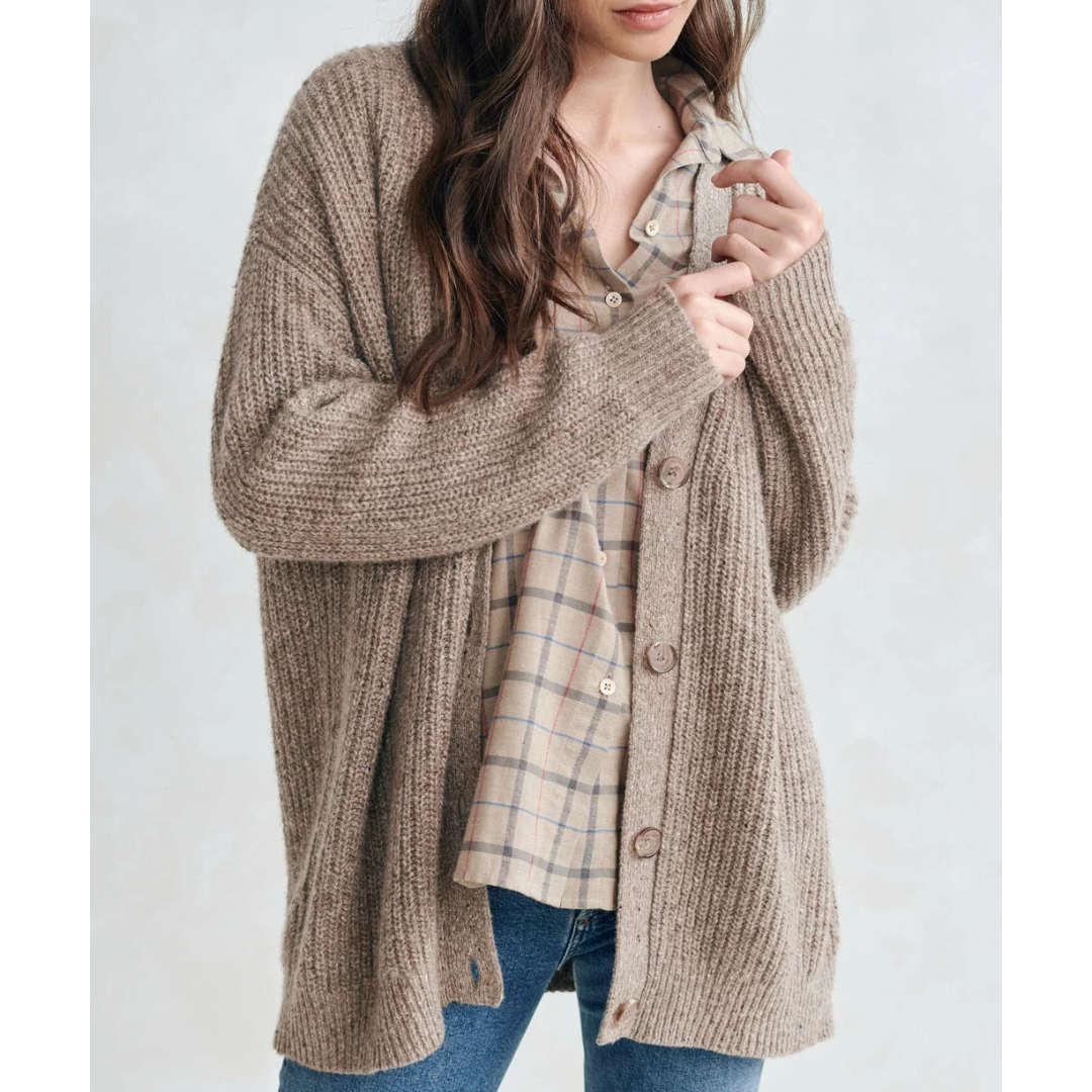 Damen Strickjacke lang für Winter mit V-Ausschnitt und gestreiften Ärmeln