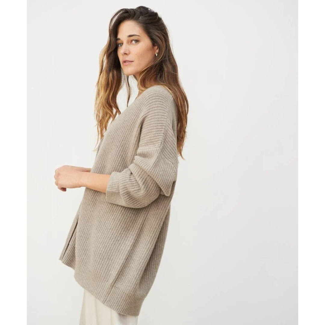 Damen Strickjacke lang für Winter mit V-Ausschnitt und gestreiften Ärmeln