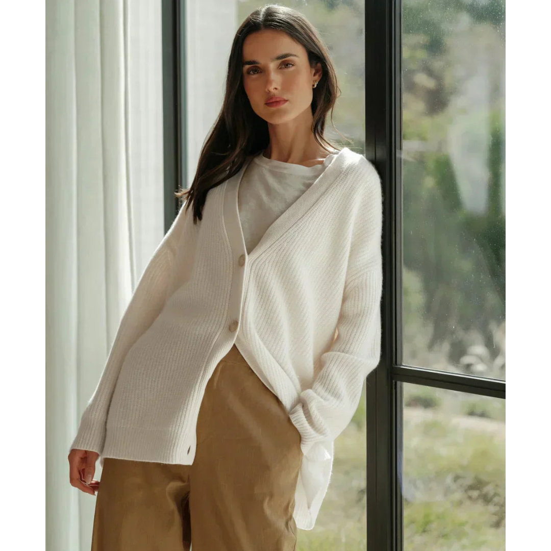 Damen Strickjacke lang für Winter mit V-Ausschnitt und gestreiften Ärmeln
