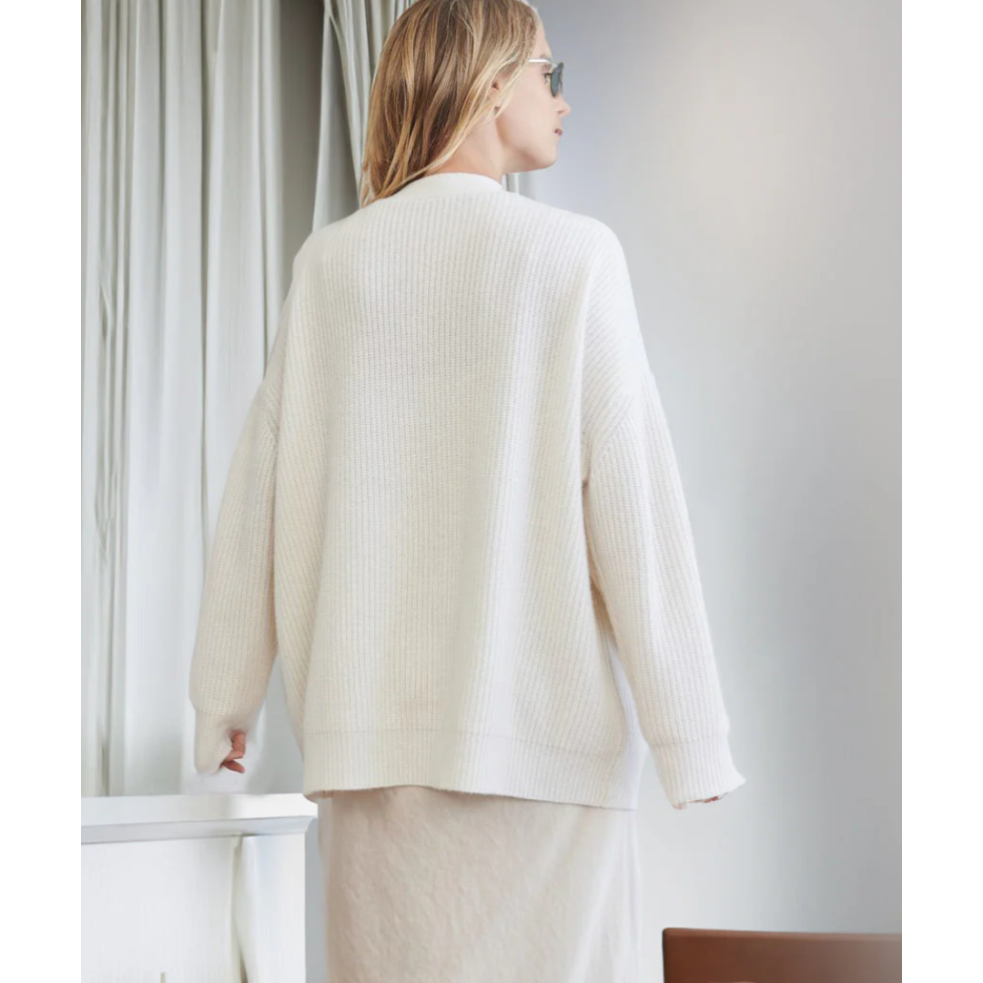 Damen Strickjacke lang für Winter mit V-Ausschnitt und gestreiften Ärmeln