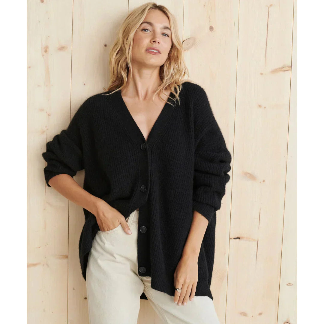 Damen Strickjacke lang für Winter mit V-Ausschnitt und gestreiften Ärmeln