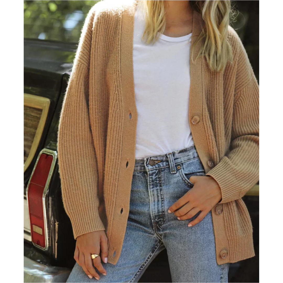 Damen Strickjacke lang für Winter mit V-Ausschnitt und gestreiften Ärmeln