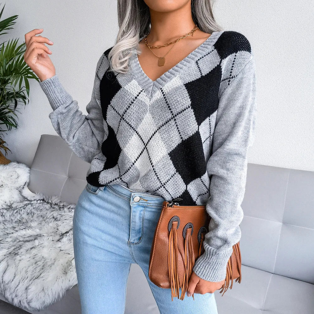 Argyle Pullover für Damen mit V-Ausschnitt und langen Ärmeln
