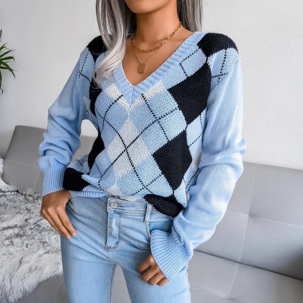 Argyle Pullover für Damen mit V-Ausschnitt und langen Ärmeln