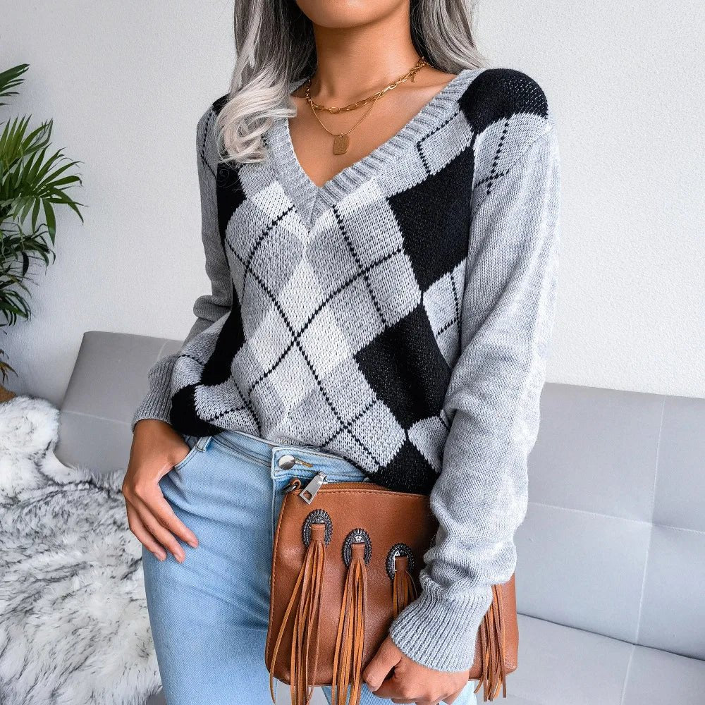 Argyle Pullover für Damen mit V-Ausschnitt und langen Ärmeln