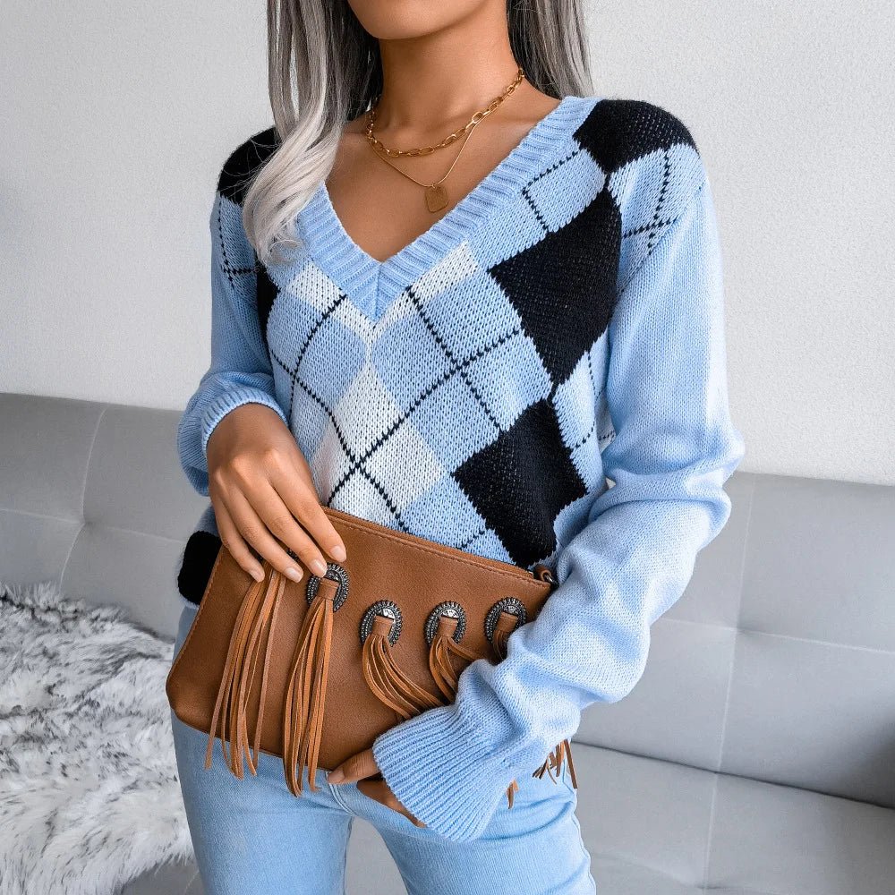 Argyle Pullover für Damen mit V-Ausschnitt und langen Ärmeln