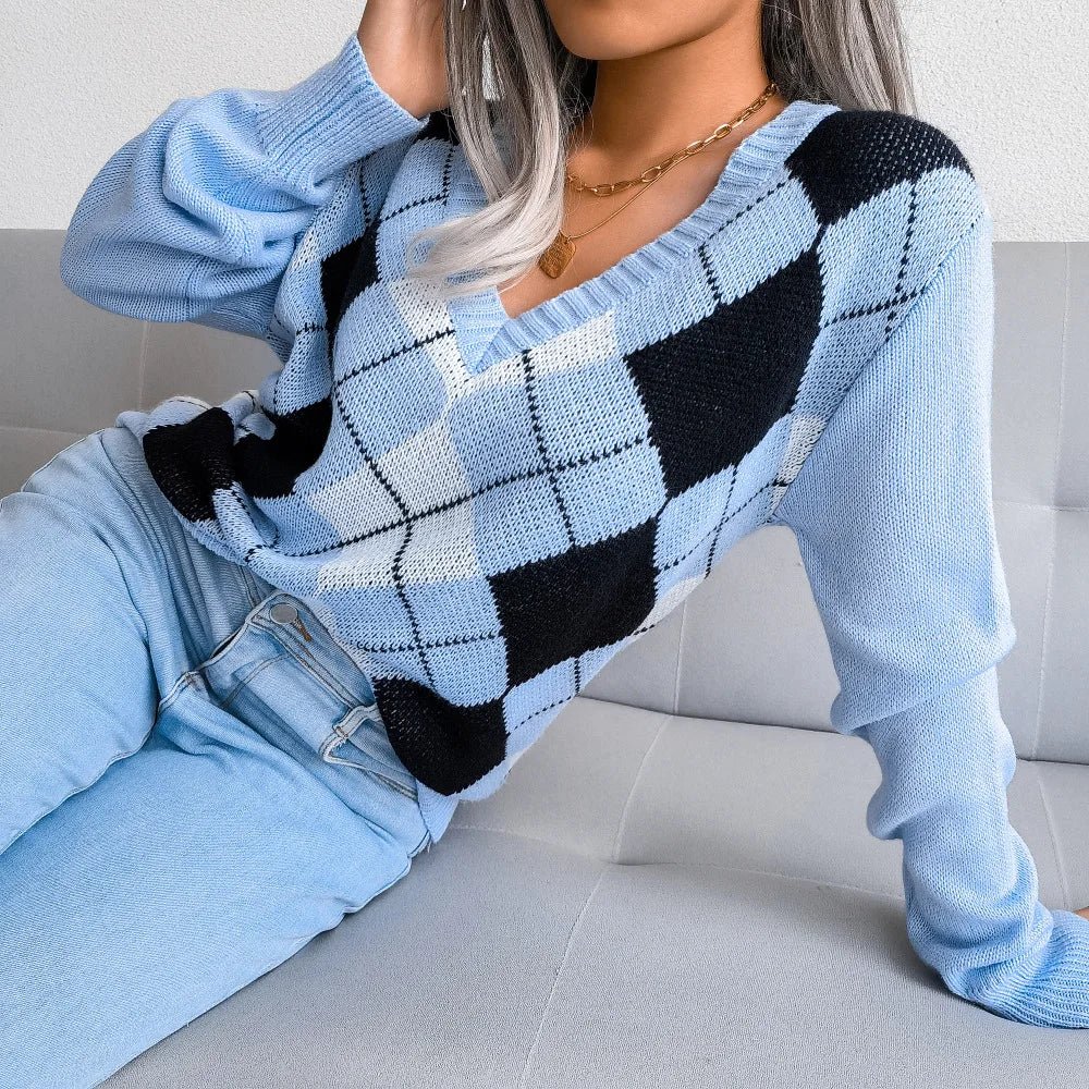 Argyle Pullover für Damen mit V-Ausschnitt und langen Ärmeln