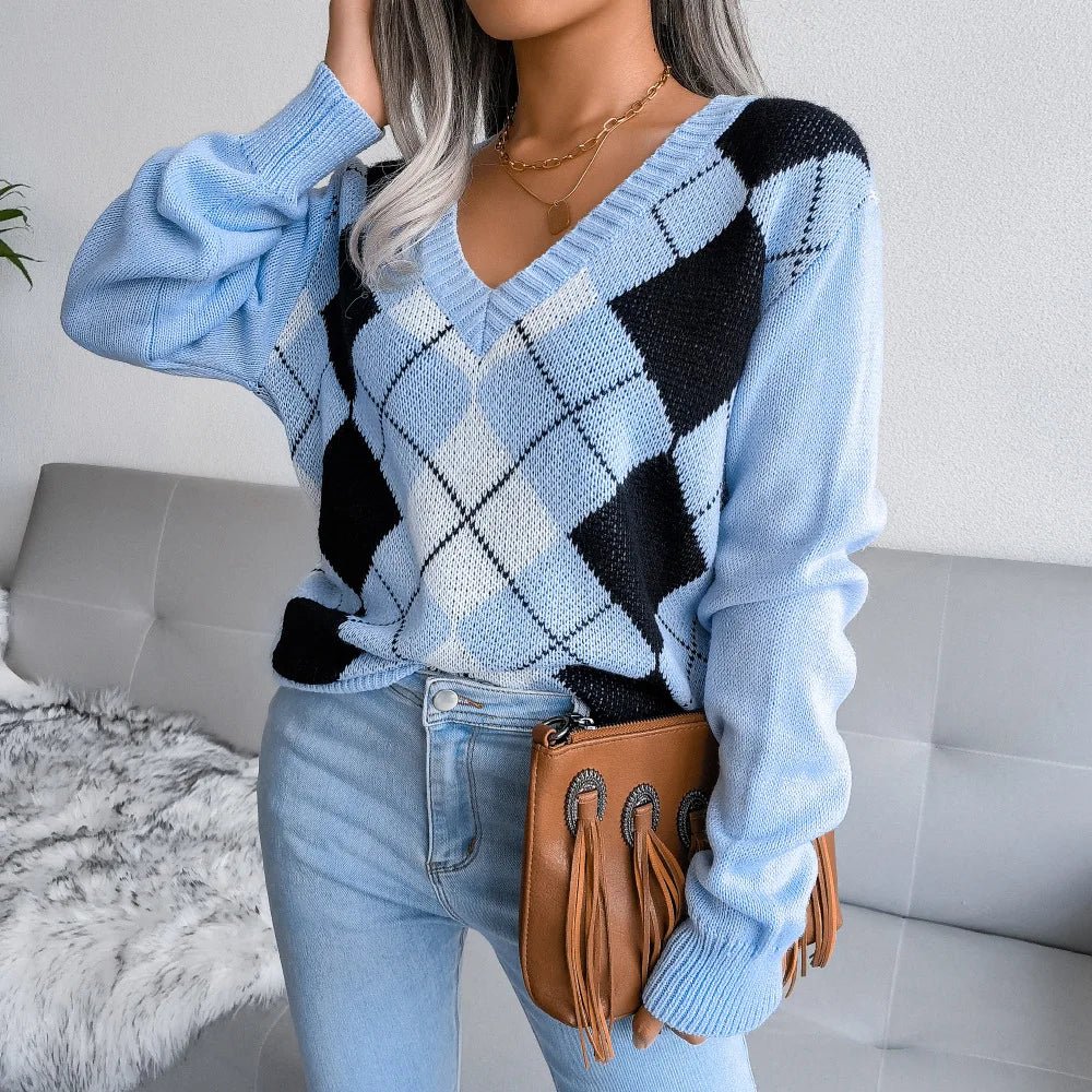 Argyle Pullover für Damen mit V-Ausschnitt und langen Ärmeln