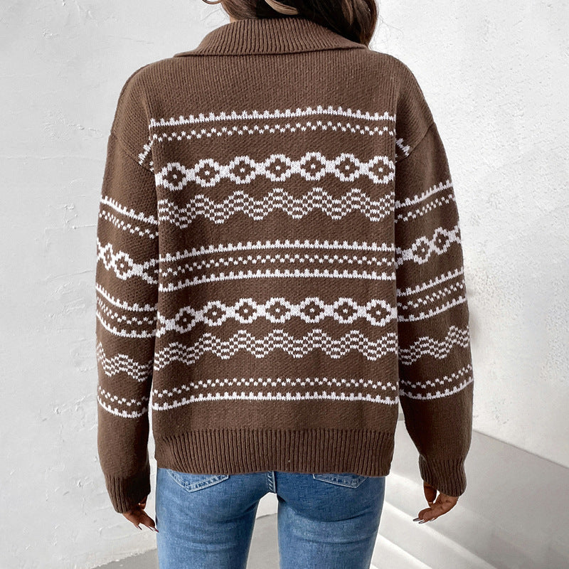 Damen Strickjacke mit Reißverschluss, Reverskragen und Jacquard-Gestaltung