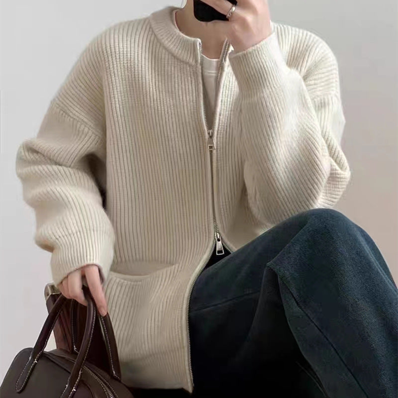 Oversized Strickjacke für Damen mit doppeltem Reißverschluss und Rundhalsausschnitt