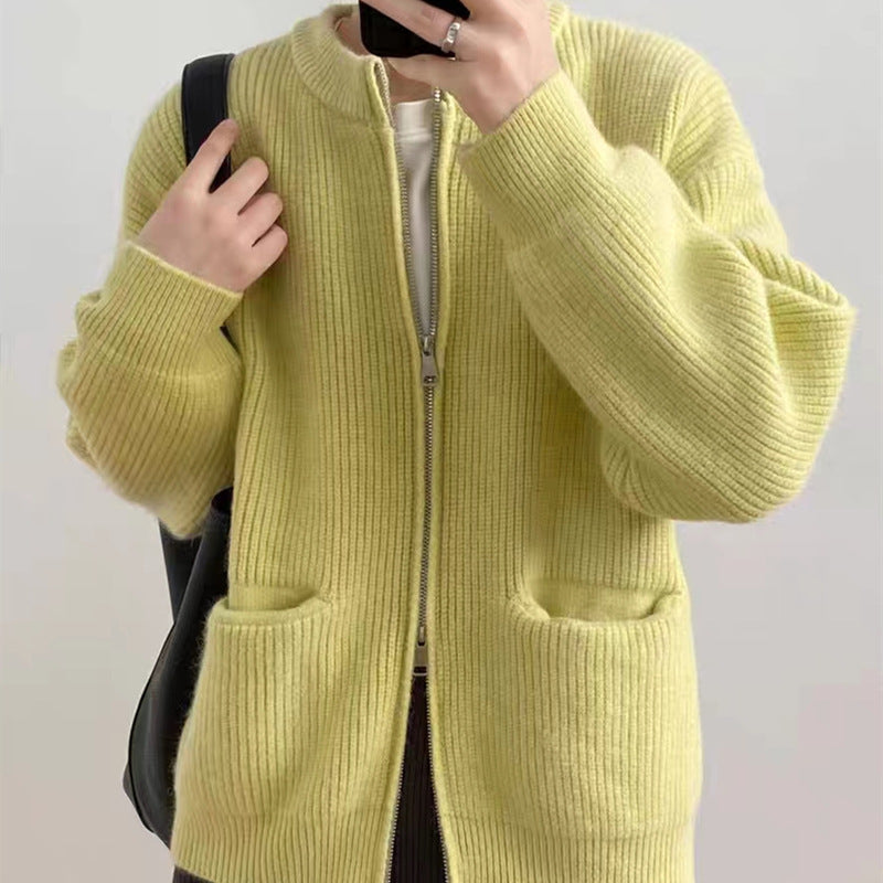 Oversized Strickjacke für Damen mit doppeltem Reißverschluss und Rundhalsausschnitt
