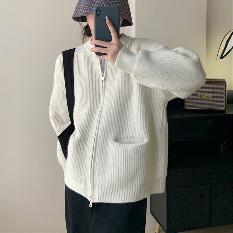 Oversized Strickjacke für Damen mit doppeltem Reißverschluss und Rundhalsausschnitt
