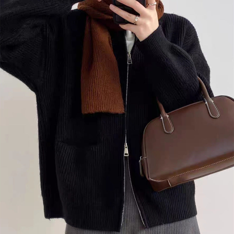Oversized Strickjacke für Damen mit doppeltem Reißverschluss und Rundhalsausschnitt