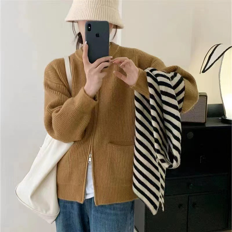 Oversized Strickjacke für Damen mit doppeltem Reißverschluss und Rundhalsausschnitt