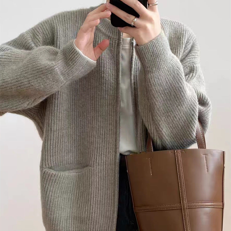 Oversized Strickjacke für Damen mit doppeltem Reißverschluss und Rundhalsausschnitt