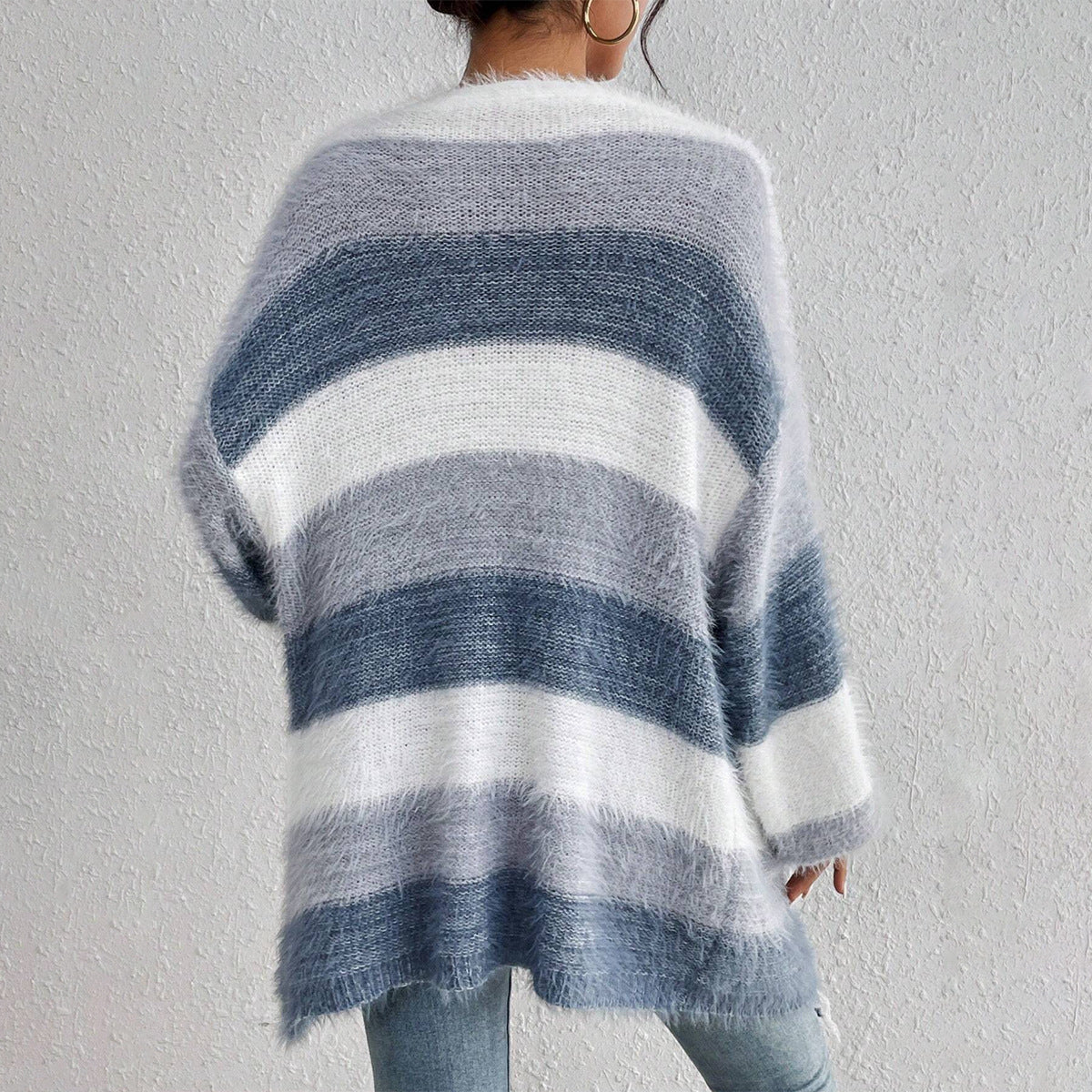 Oversized Strickjacke für Damen mit Streifenmuster und offener Vorderseite