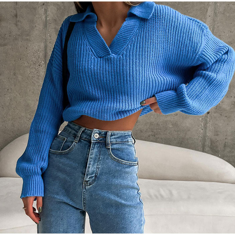 Damen Strickpullover mit Kragen und V-Ausschnitt