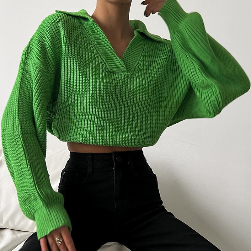 Damen Strickpullover mit Kragen und V-Ausschnitt