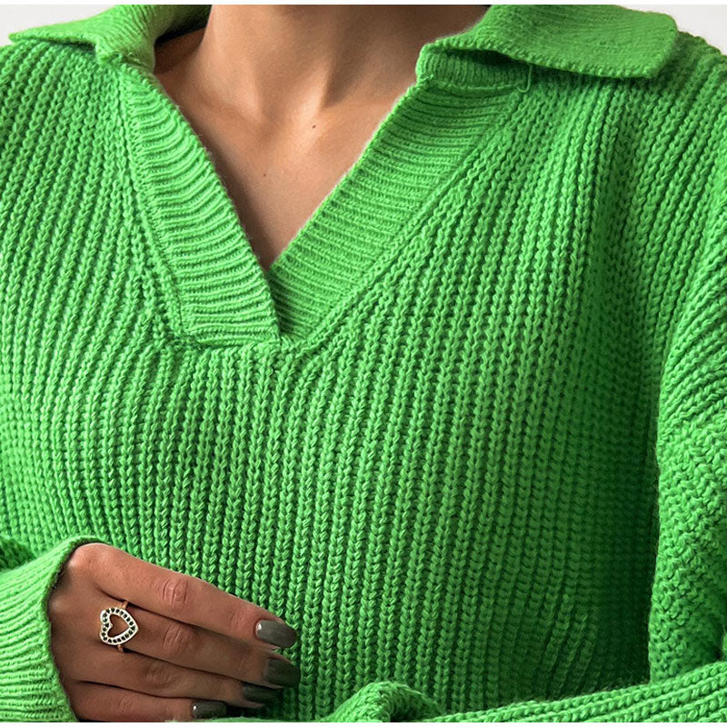 Damen Strickpullover mit Kragen und V-Ausschnitt