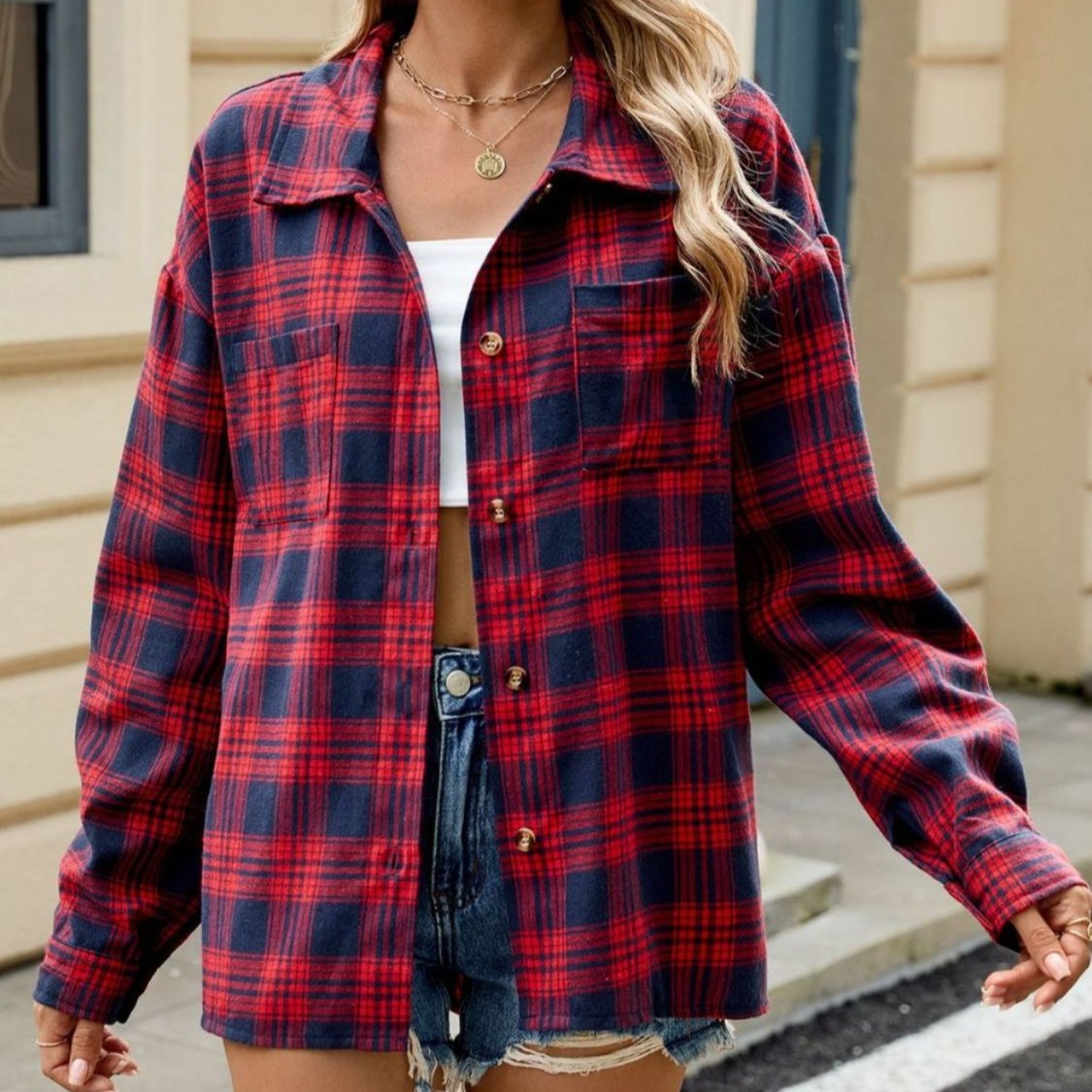 Damen Winterjacke mit Karomuster und durchgehender Knopfleiste