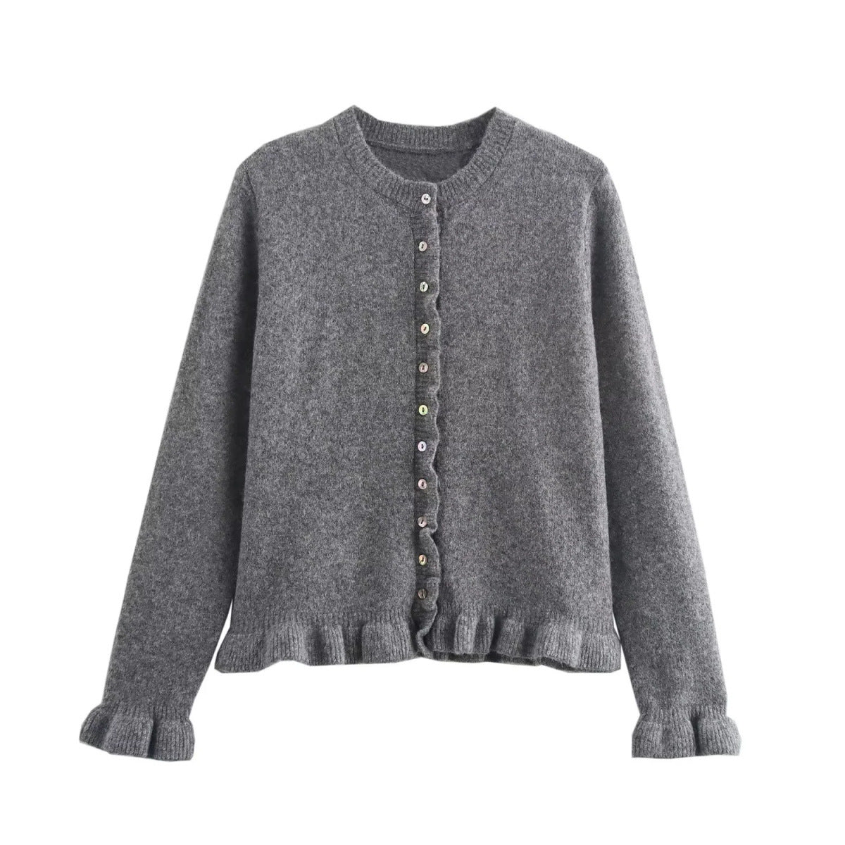 Damenstrickjacke mit Rüschenabschluss und Knopfleiste