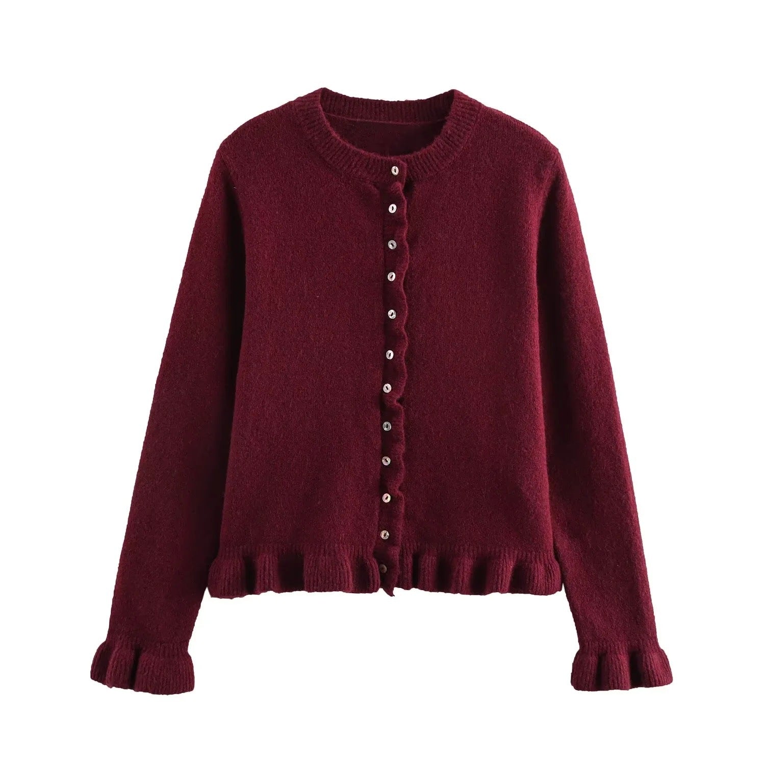 Damenstrickjacke mit Rüschenabschluss und Knopfleiste