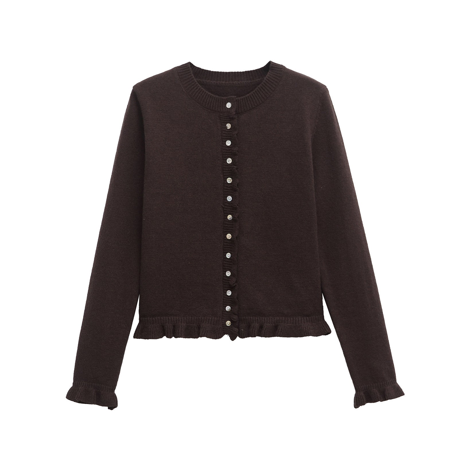 Damenstrickjacke mit Rüschenabschluss und Knopfleiste