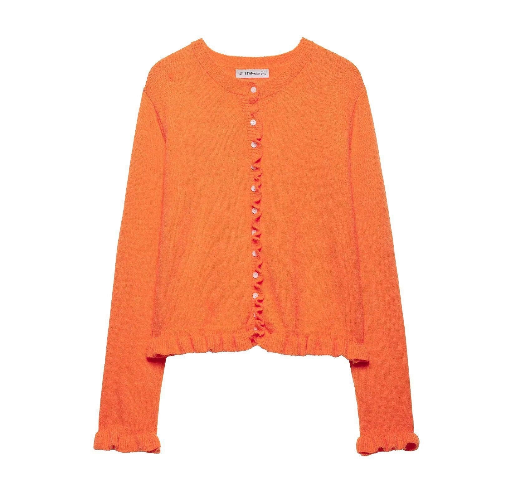 Damenstrickjacke mit Rüschenabschluss und Knopfleiste
