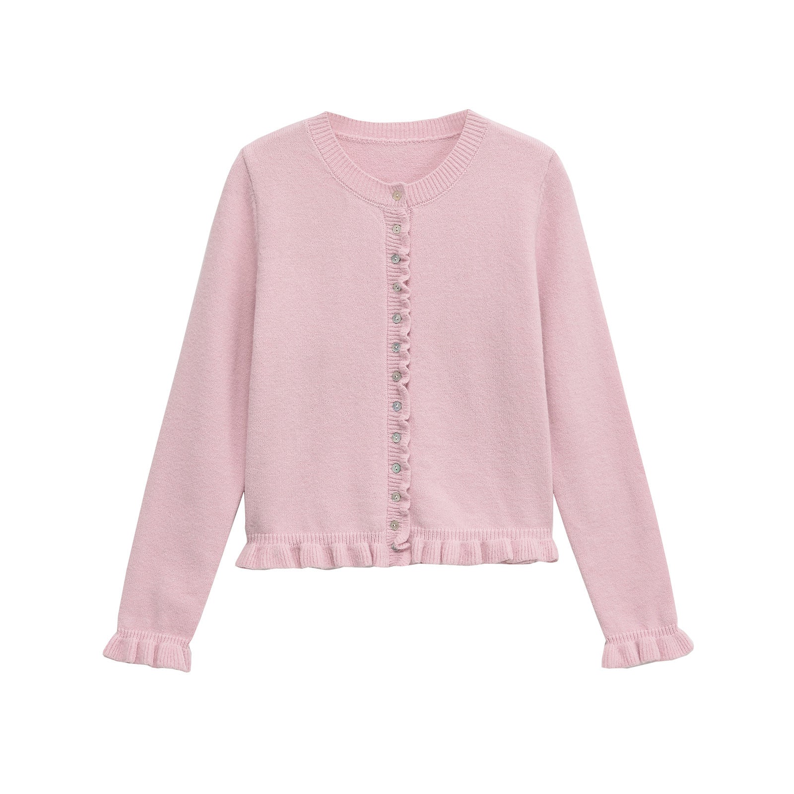Damenstrickjacke mit Rüschenabschluss und Knopfleiste