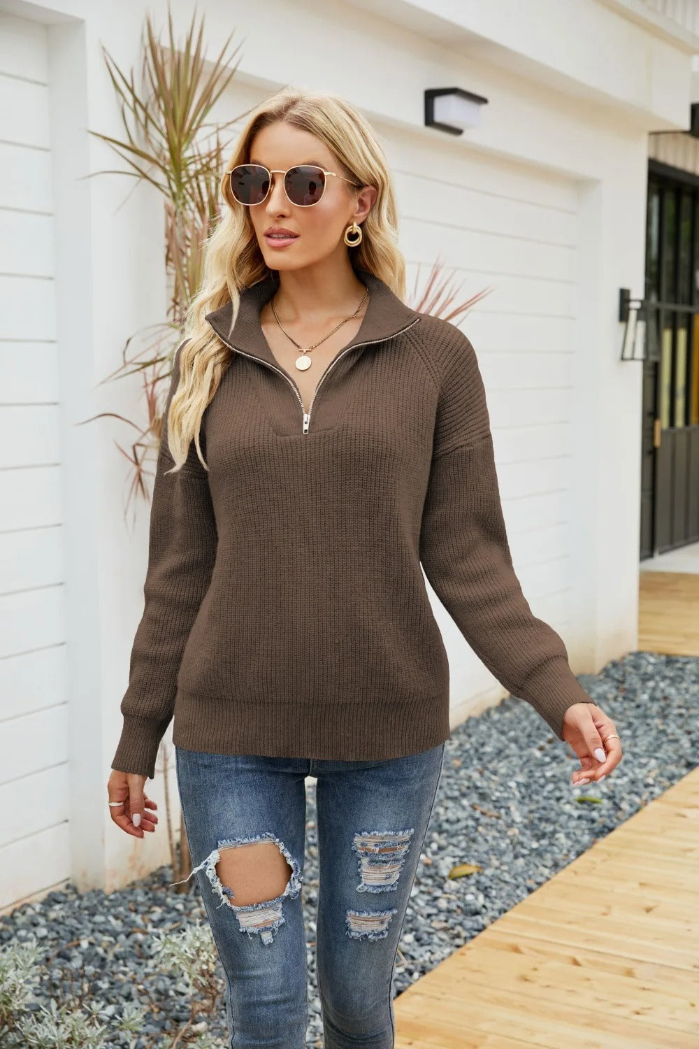 Damen Winterpullover mit Halbreißverschluss und geradem Schnitt