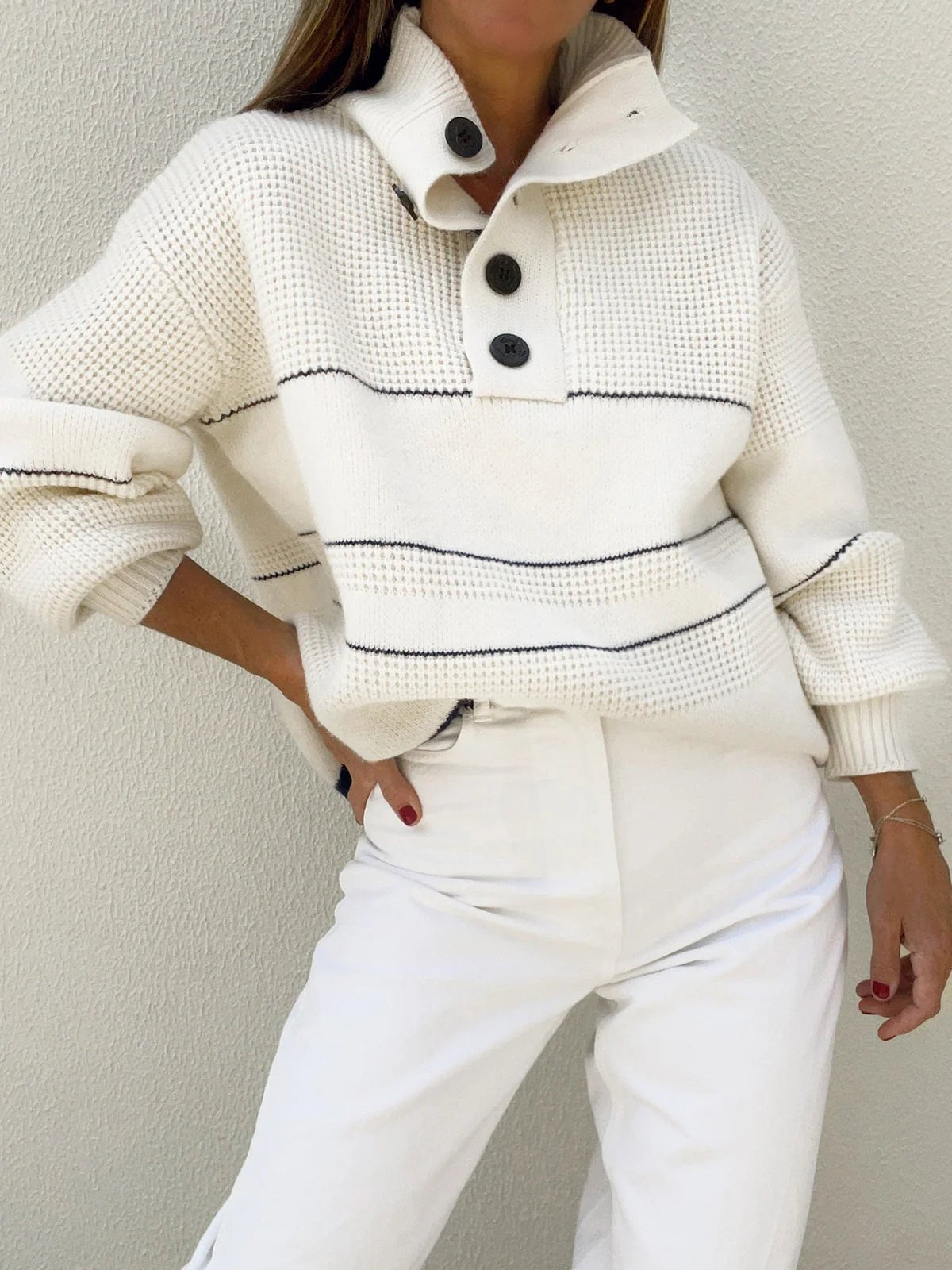 Damen Strickpullover mit Knopfleiste und Stehkragen