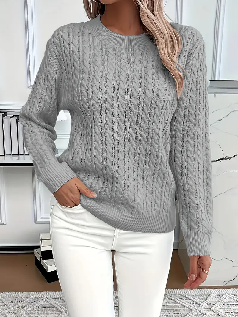 Damen Pullover aus Zopfstrick mit Rundhalsausschnitt und langen Ärmeln