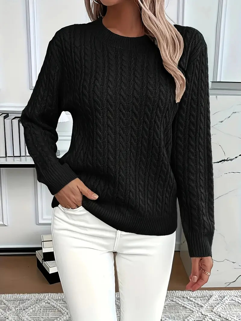 Damen Pullover aus Zopfstrick mit Rundhalsausschnitt und langen Ärmeln
