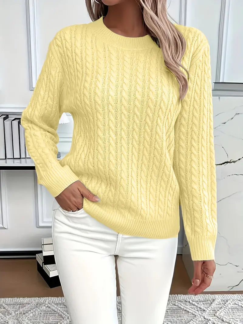 Damen Pullover aus Zopfstrick mit Rundhalsausschnitt und langen Ärmeln