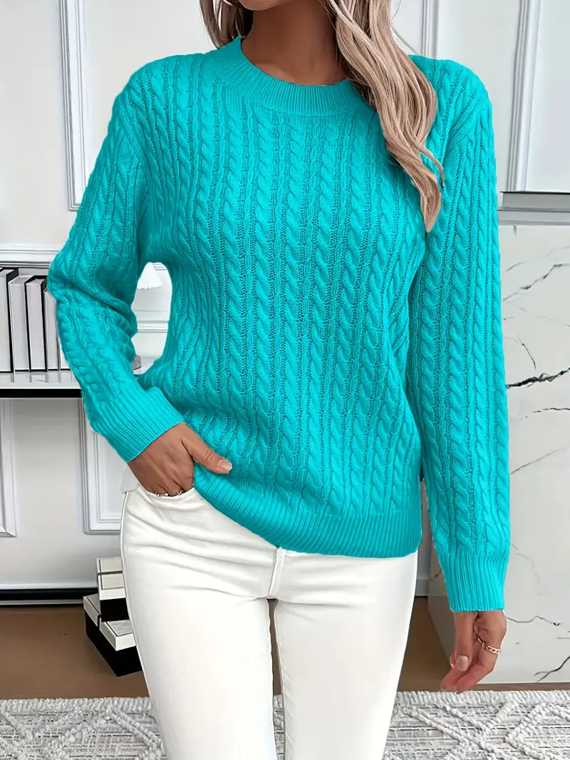 Damen Pullover aus Zopfstrick mit Rundhalsausschnitt und langen Ärmeln