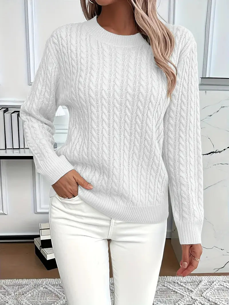 Damen Pullover aus Zopfstrick mit Rundhalsausschnitt und langen Ärmeln