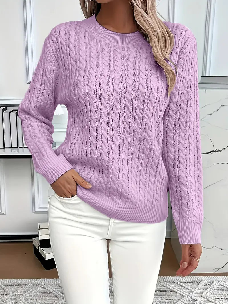 Damen Pullover aus Zopfstrick mit Rundhalsausschnitt und langen Ärmeln