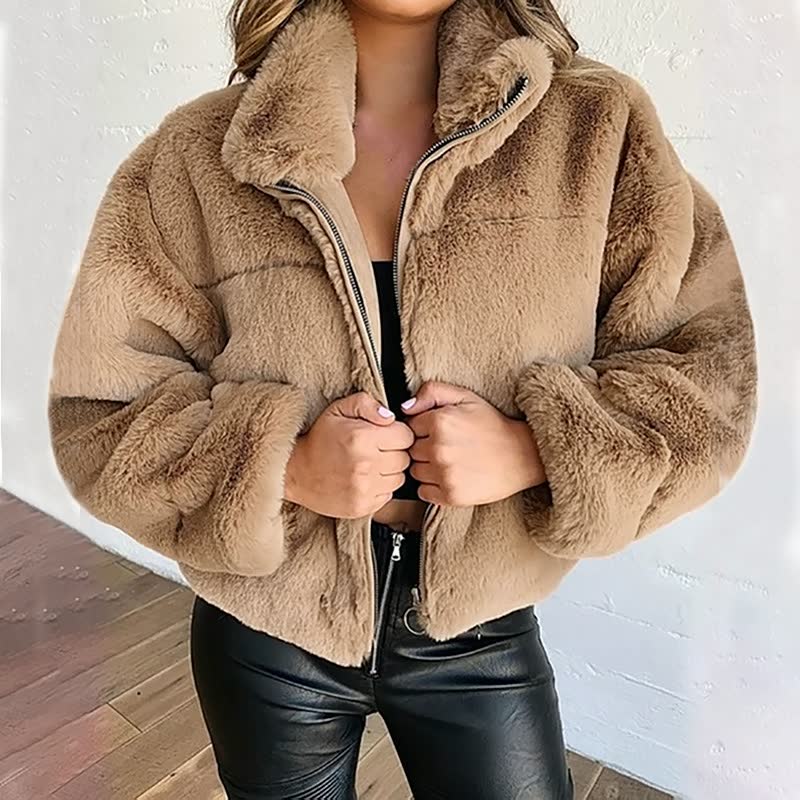 Damen Winterjacke mit hohem Kragen und Plüschstruktur