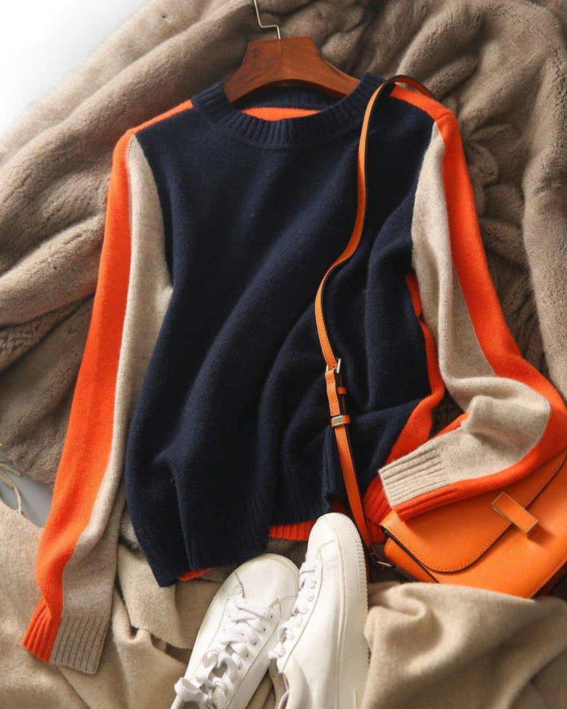 Damen Pullover mit kontrastierenden Ärmeln und Rundhalsausschnitt