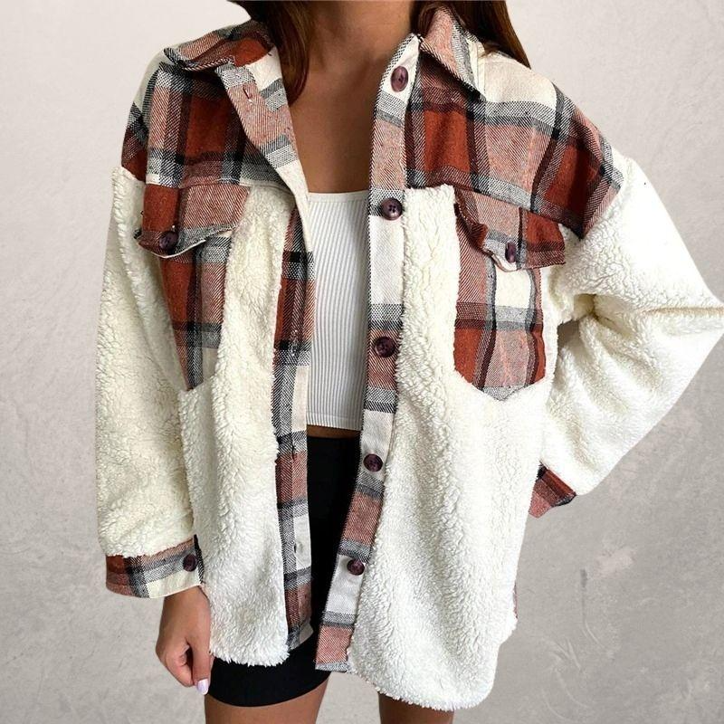 Weiche karierte Jacke aus Baumwolle mit Sherpa-Einsätzen für Damen