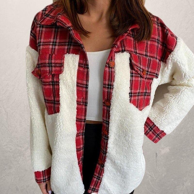 Weiche karierte Jacke aus Baumwolle mit Sherpa-Einsätzen für Damen