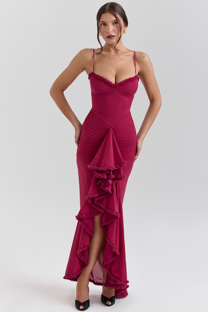 Maxikleid mit Rüschen und Spaghettiträgern