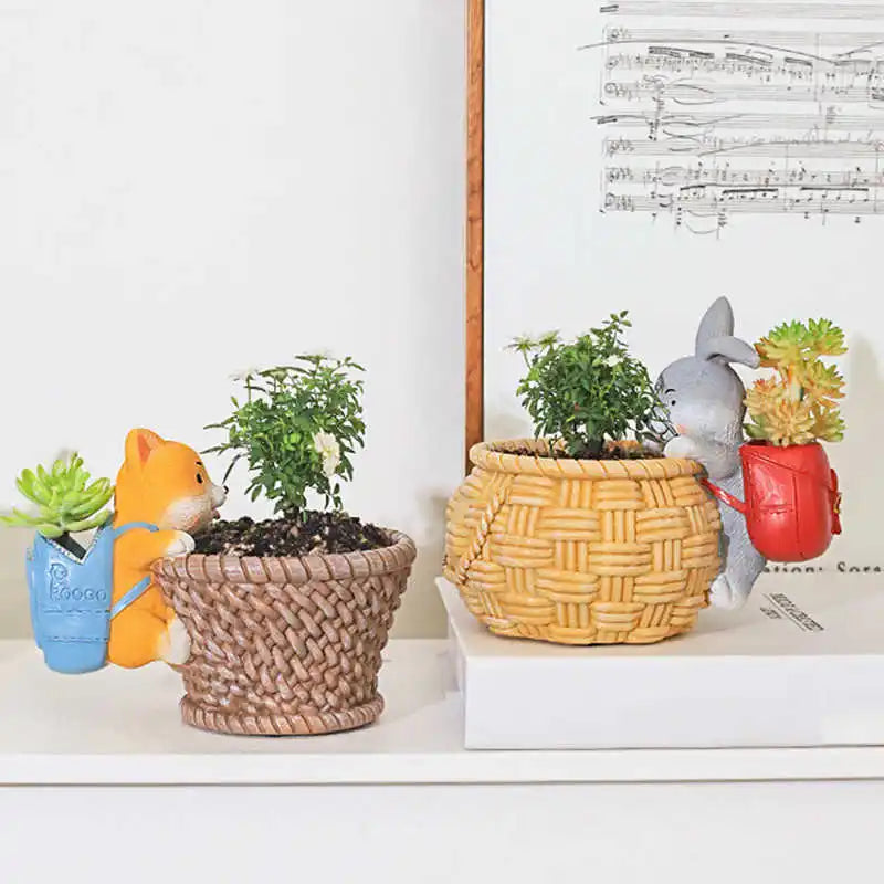 Rustikaler Blumentopf mit Corgi- und Kaninchen-Design für Sukkulenten und Pflanzen-2