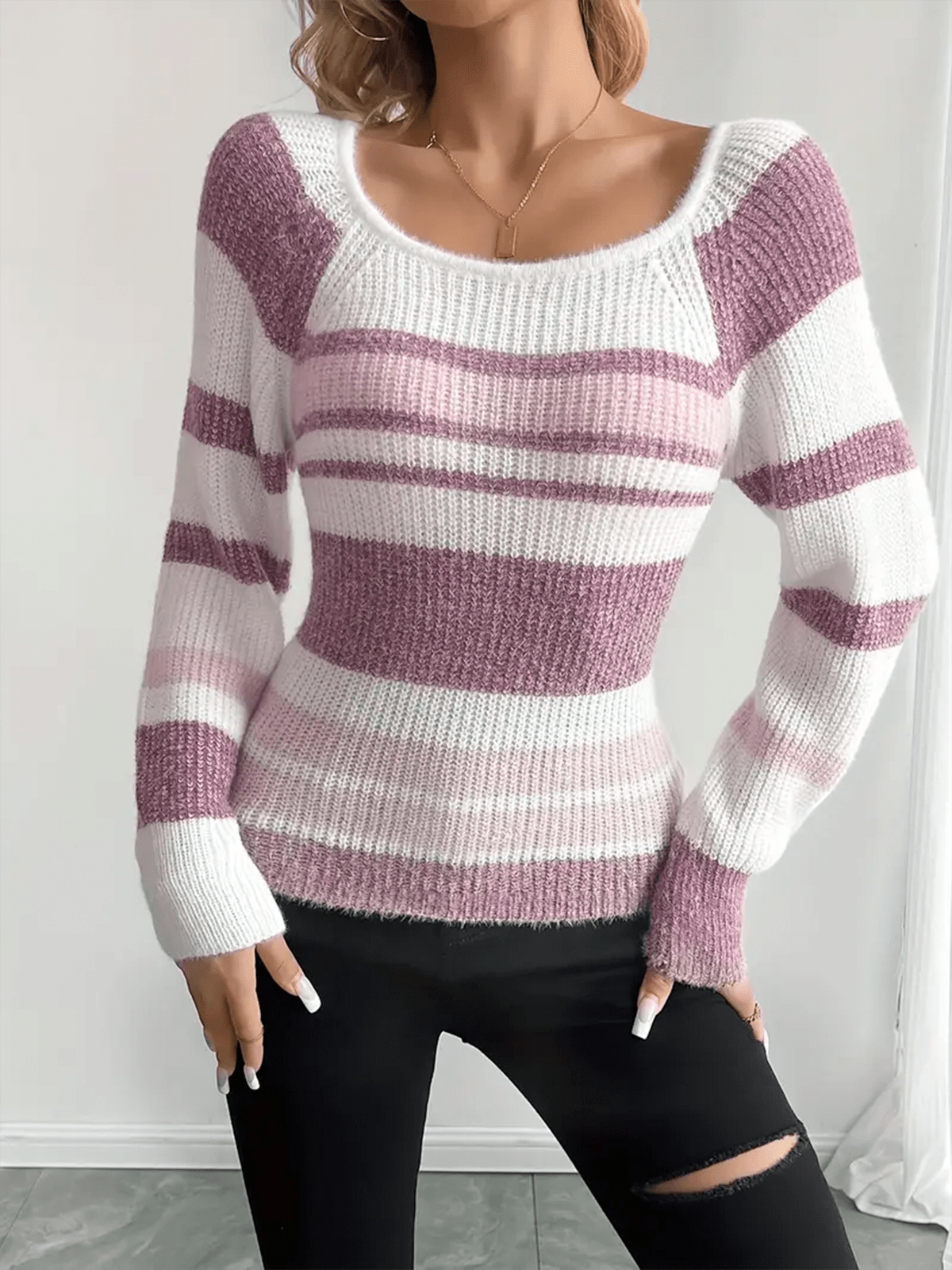 Damen Strickpullover mit Streifenmuster und figurbetonter Form