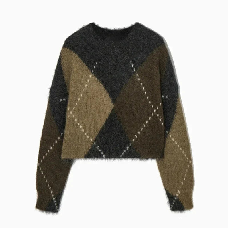 Damenpullover mit Rautenmuster und klassischem Rundhalsausschnitt