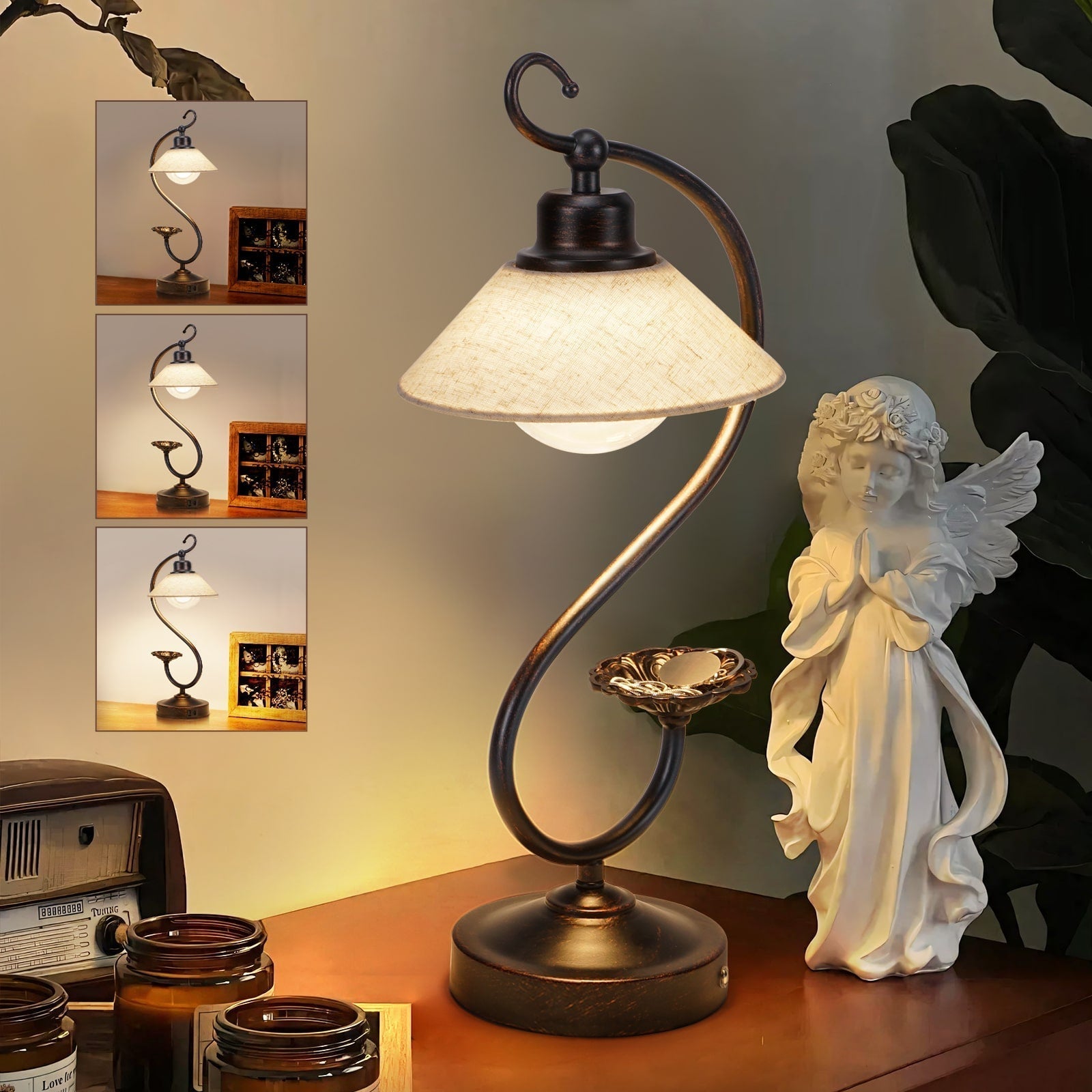 Vintage Dimmbare Tischlampe mit USB-Ladeanschluss und Floralen Akzenten-5